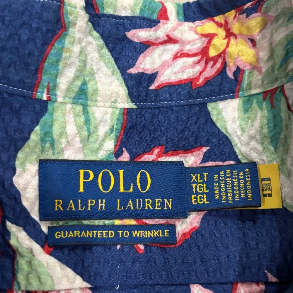 Polo Ralph Lauren Mens XLT Seersucker Floral Button Down Shirt NavyBlue Tropical